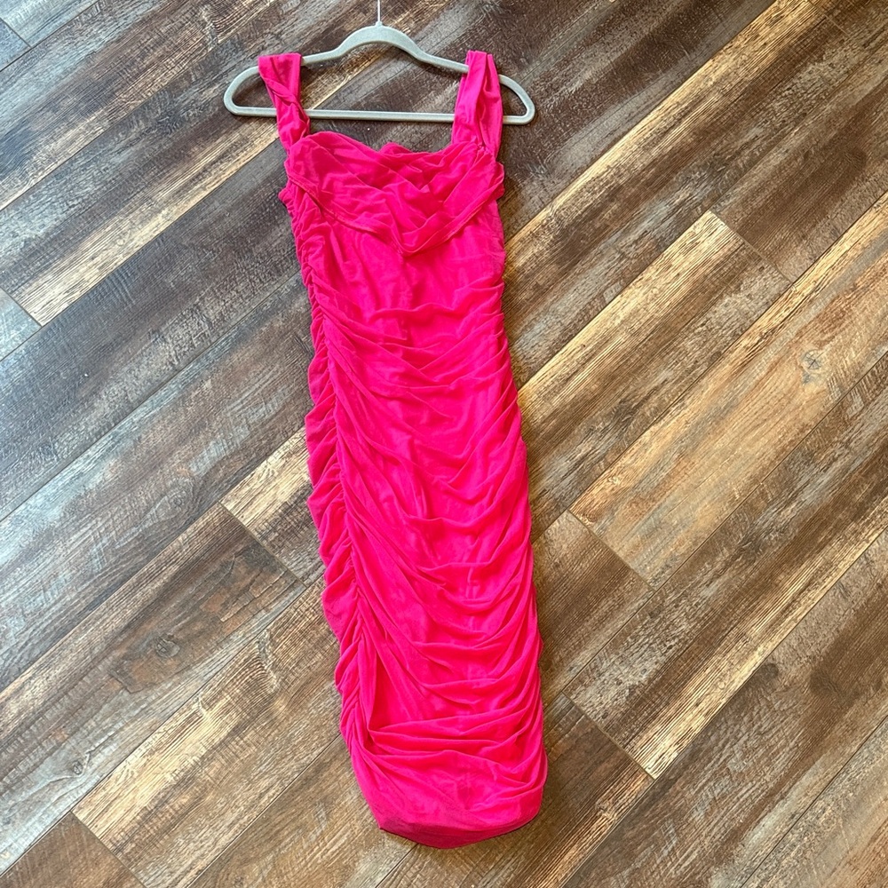 Ruched Midi Tank Dress in Vibrant Hot Pink